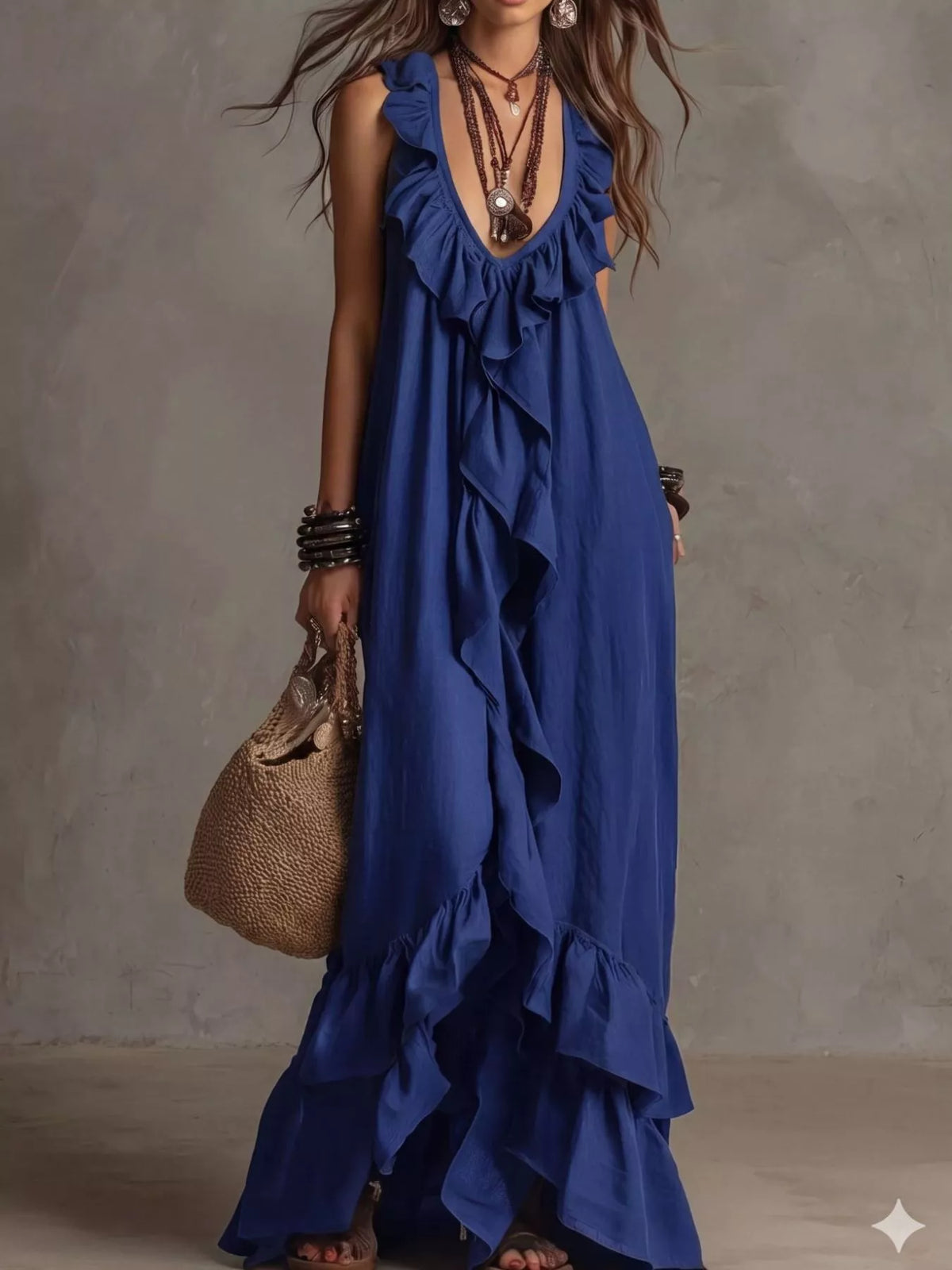 Plush Fashion Hub ruffled sleeveless maxi dress with flowing fabric and elegant design, perfect for summer or special occasions.