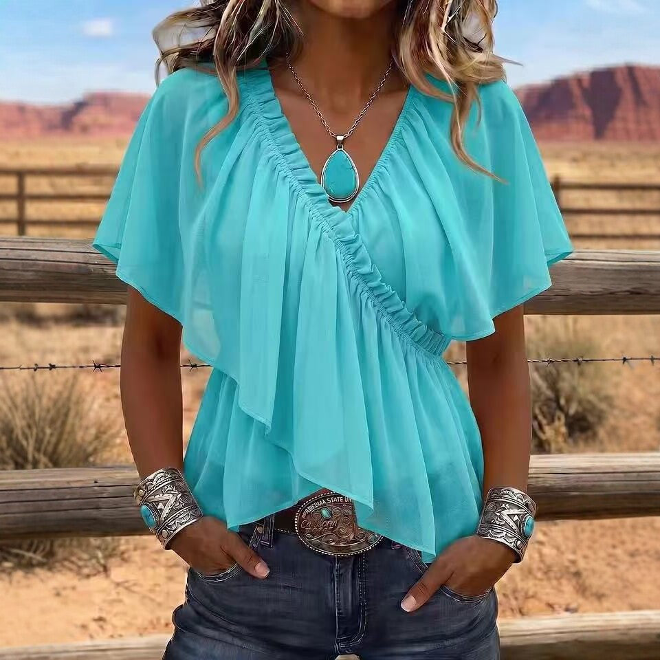 Eprolo chiffon top with V-neck, pleated ruffle flare sleeves, waist-cinching hem, and slim fit blouse design.