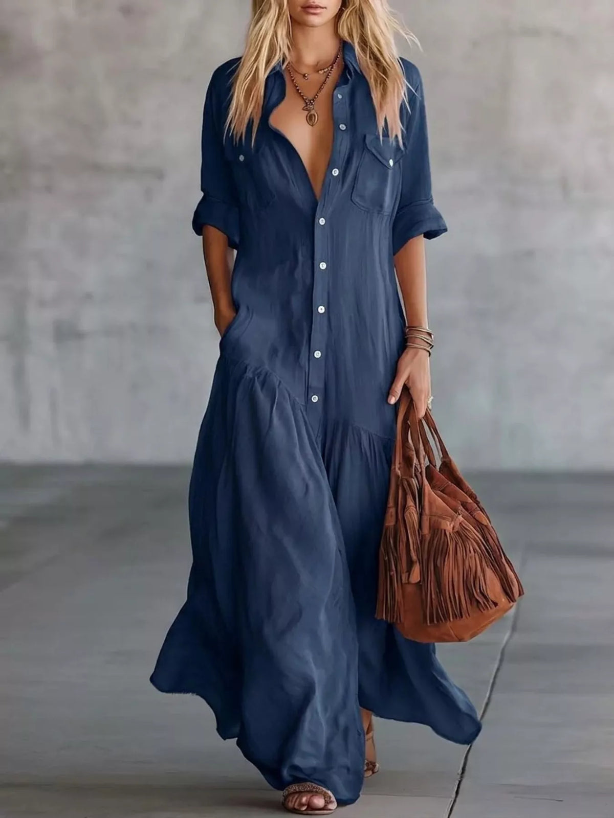Plus size plush fashion hub maxi dress with button front and roll-up sleeves, full-length, stylish and comfortable for all sizes.