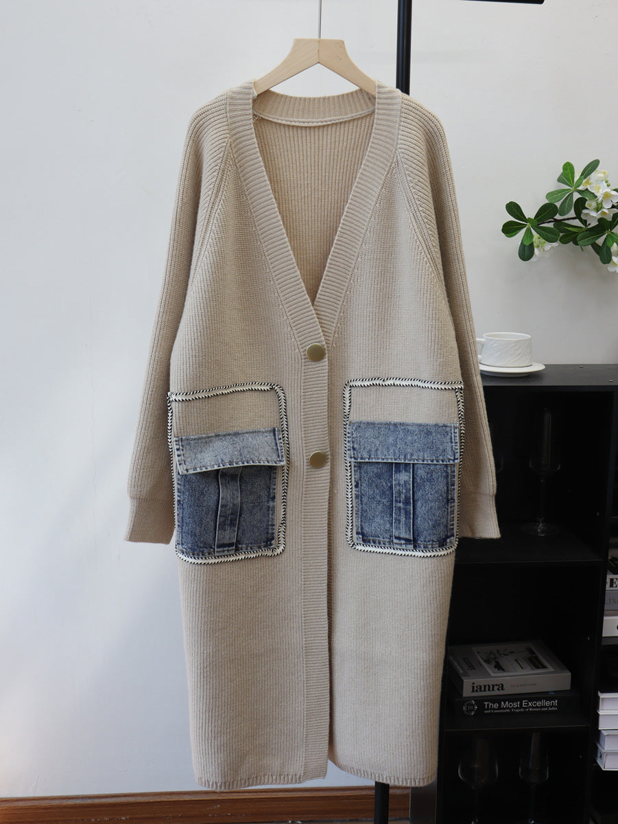 Beige knit cardigan with V-neck, buttons, and two front denim flap pockets.