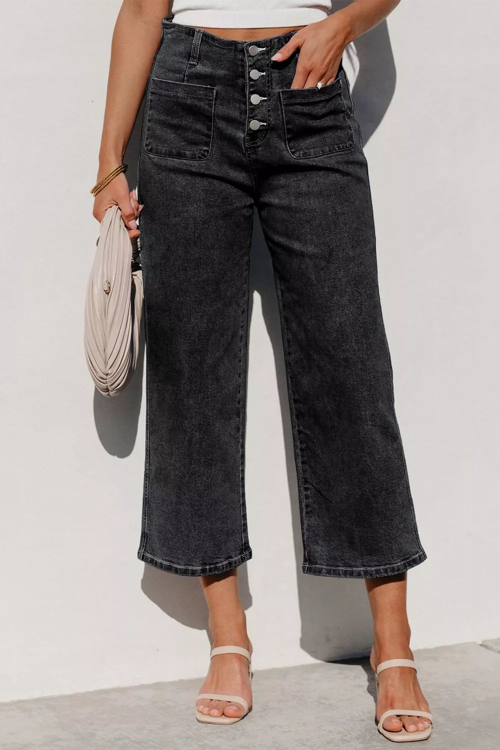 Plush Fashion Hub high-waisted wide-leg jeans with button-fly and relaxed fit, shown in a natural denim color.
