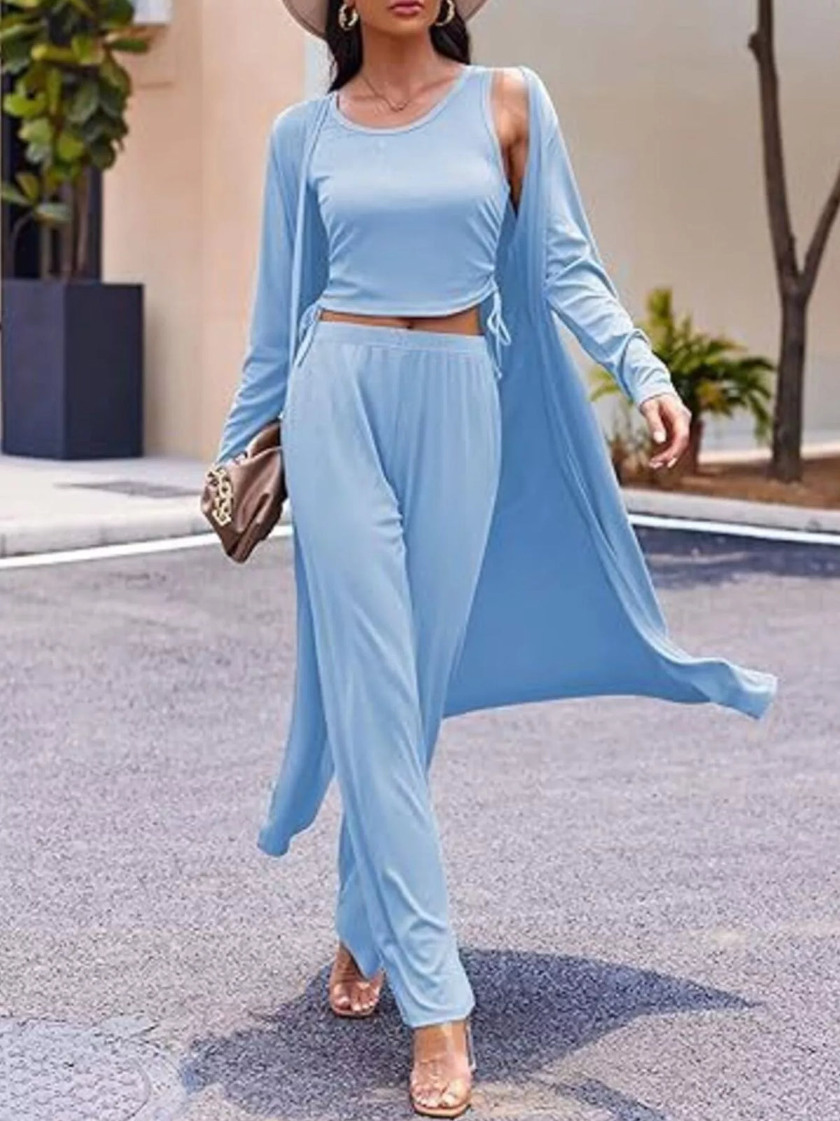Plush Fashion Hub round neck tank cardigan and matching pants loungewear set, soft and comfortable for relaxing or casual wear.