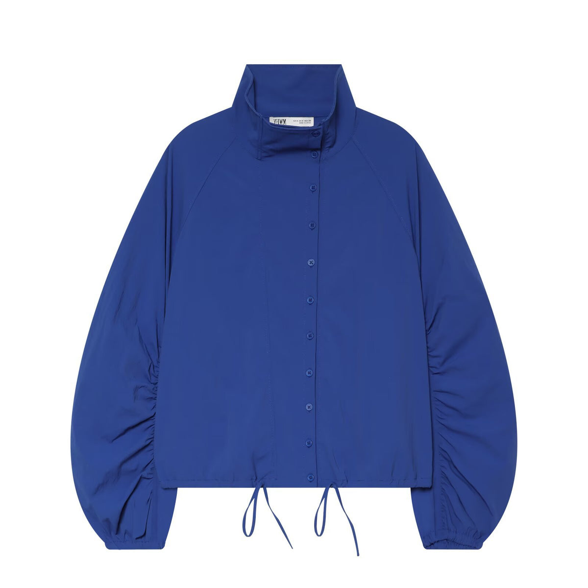 Blue nylon stand-collar jacket, solid pattern, button-up front, cinched drawstring hem, and ruched balloon sleeves.