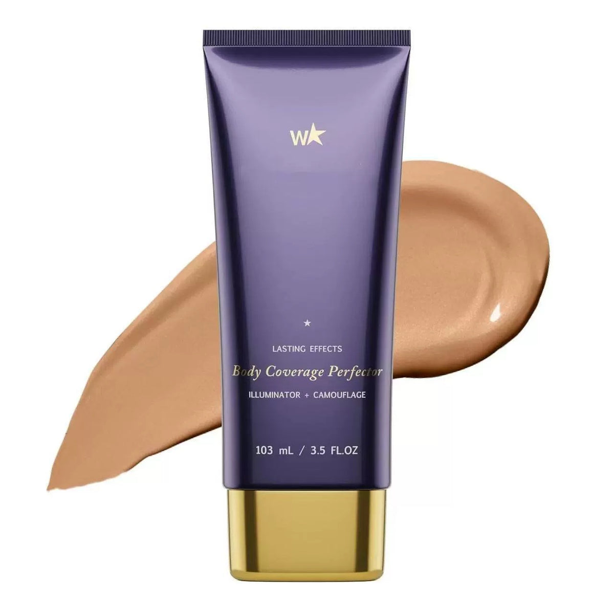 Purple plastic tube of Body Coverage Perfector with gold cap, featuring white text and a swatch of beige lotion.