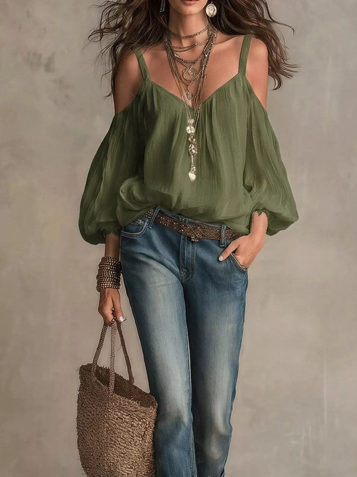 Cold shoulder balloon sleeve blouse by Plush Fashion Hub, featuring stylish cutouts and flowy fabric.
