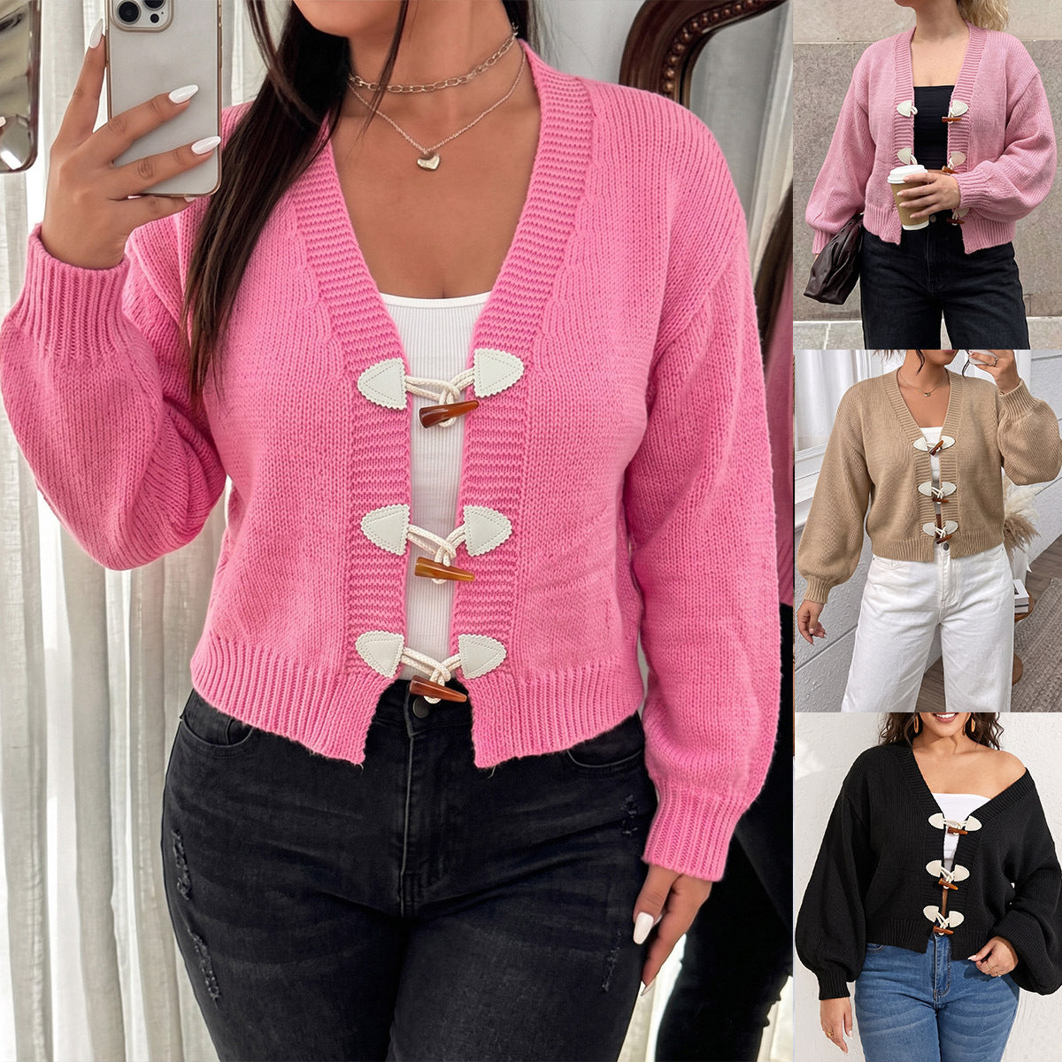 A pink knit cardigan with horn toggle buttons, ribbed trim, and long sleeves worn by a woman.