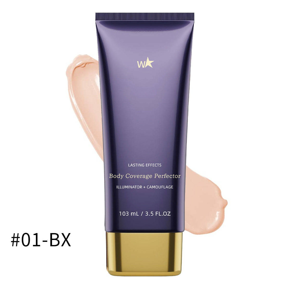 Purple plastic tube of Body Coverage Perfector with gold cap and text, backed by a light beige cream swatch and "#01-BX".