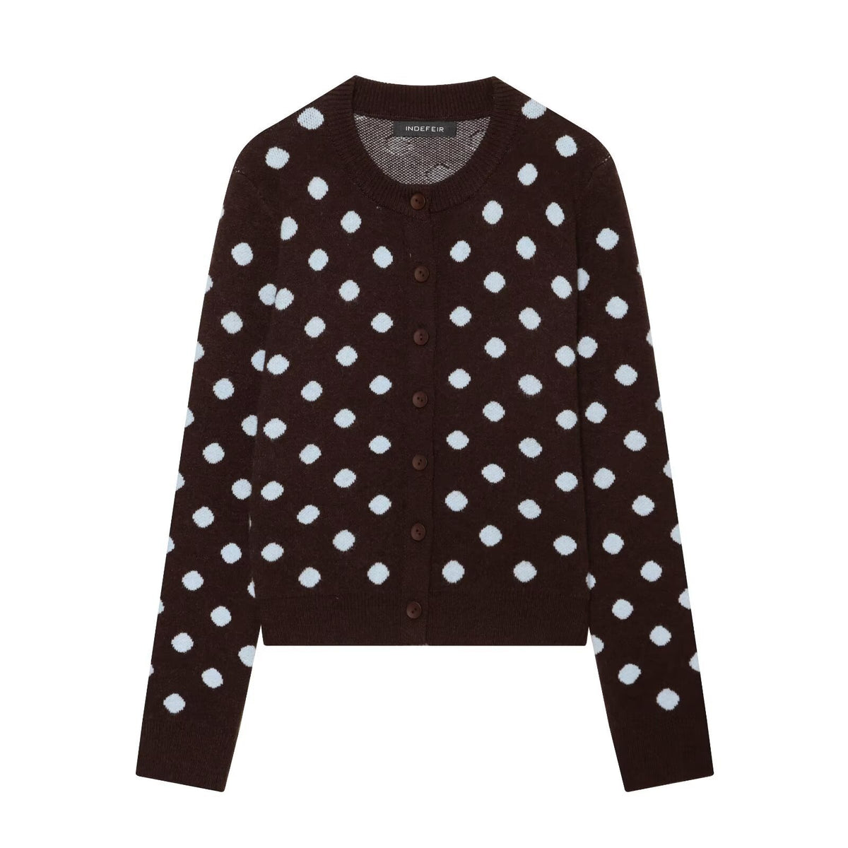 Brown knit cardigan featuring a light blue polka dot pattern, crew neck, and brown buttons down the front.