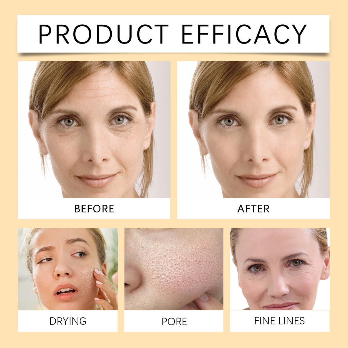 Before and after skincare ad showing a woman's face with reduced wrinkles, pores, and dryness.
