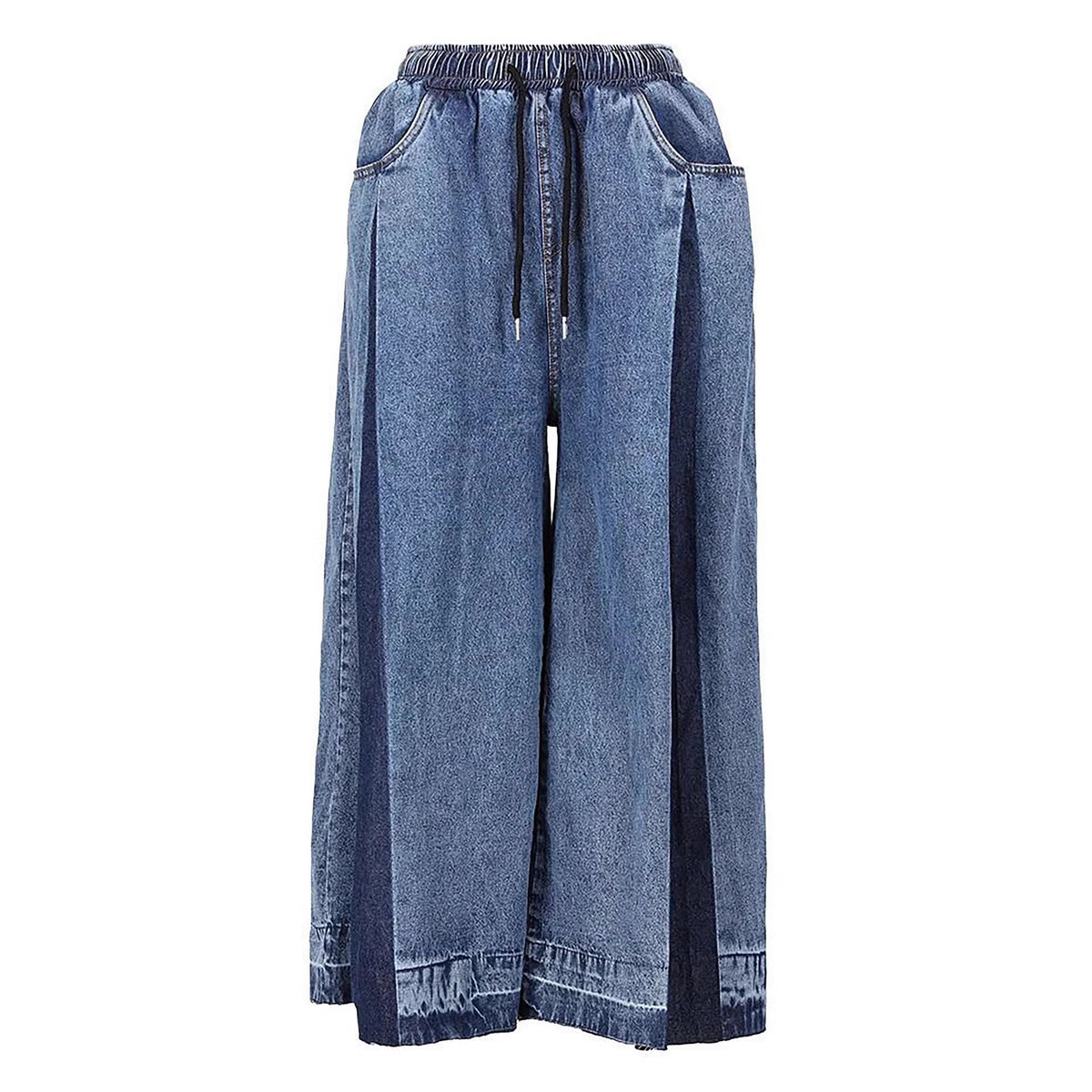 Plush Fashion Hub street style elastic drawstring pleated color-blocked wide-leg cropped jeans, showing the vibrant design and fit.