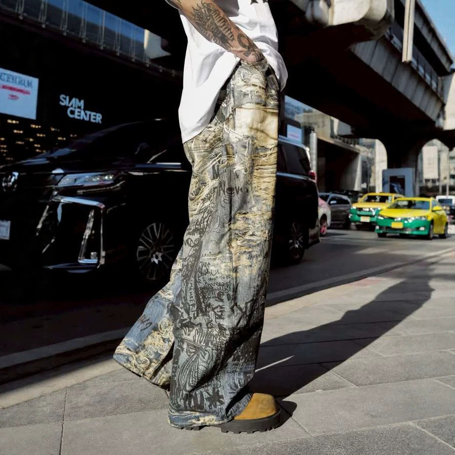 Distressed streetwear graffiti 3D print straight leg jeans for men by eprolo, featuring bold artwork and casual fit.