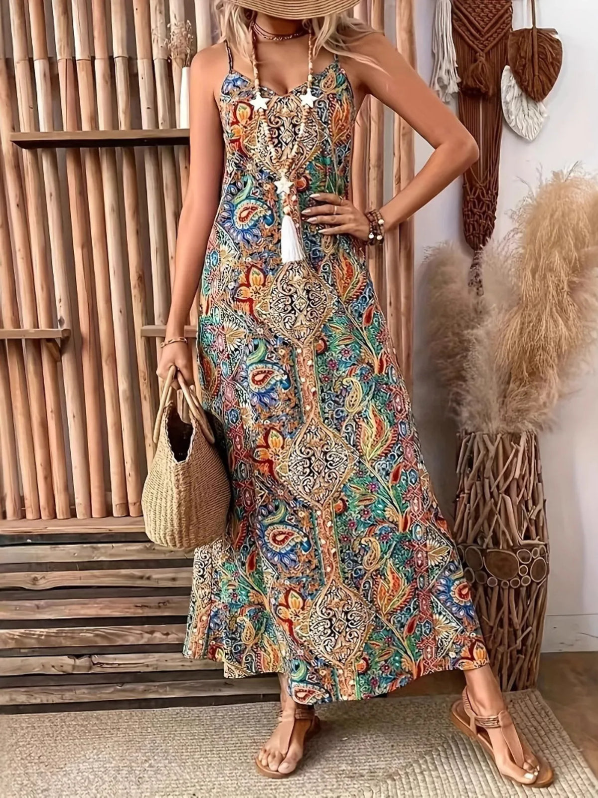 Paisley print V-neck maxi dress by Plush Fashion Hub, flowing fabric with vibrant paisley patterns and a relaxed fit.