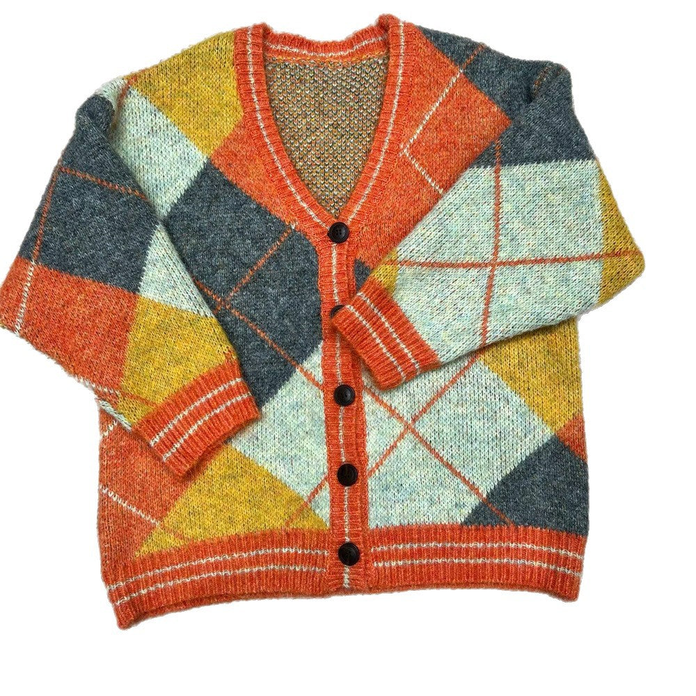 Color blocked diamond grid V-neck knit cardigan with black buttons.