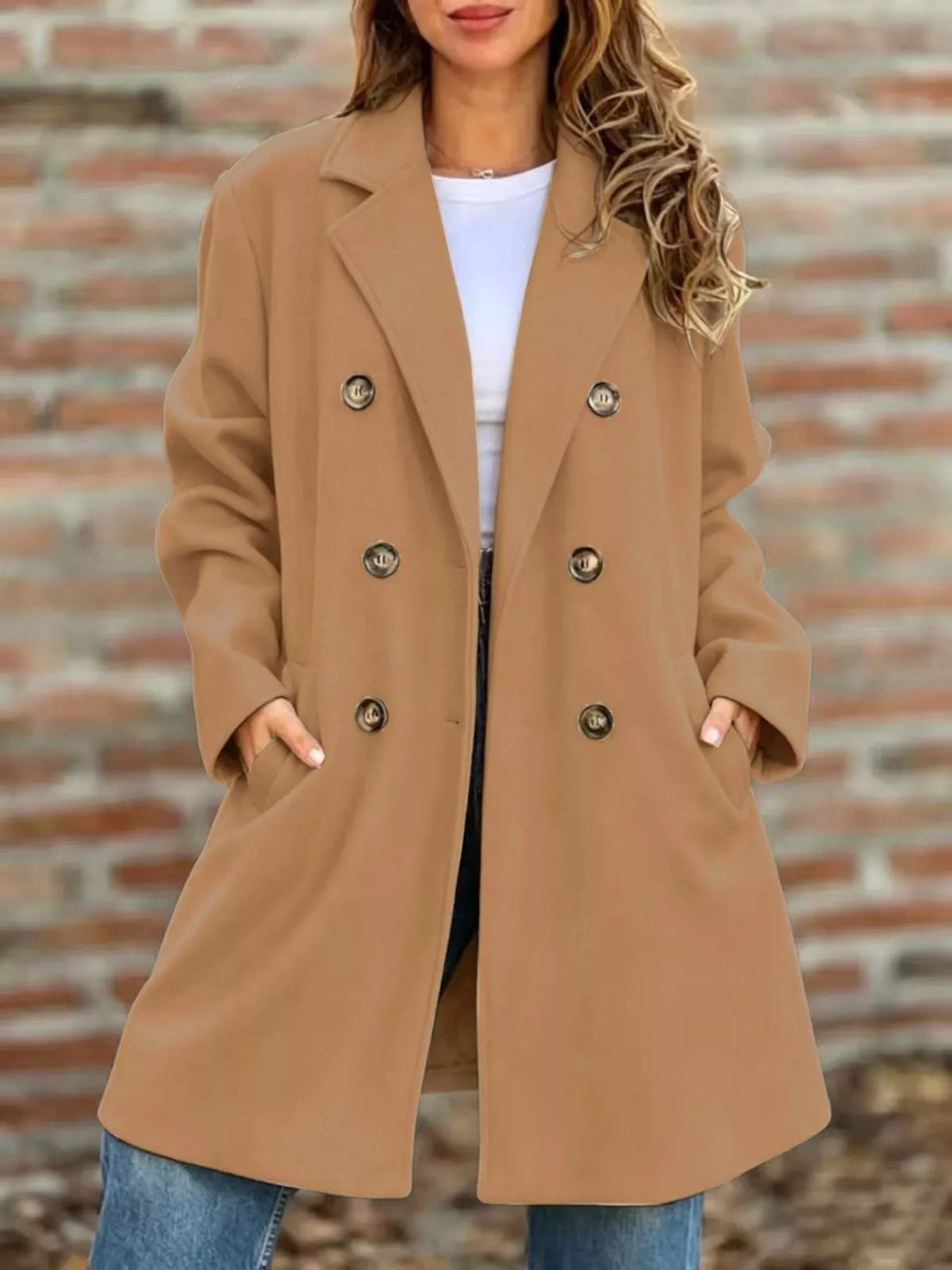 Plus size double-breasted lapel collar coat by Trendsi, casualwear in full size, shown in a stylish, cozy design.