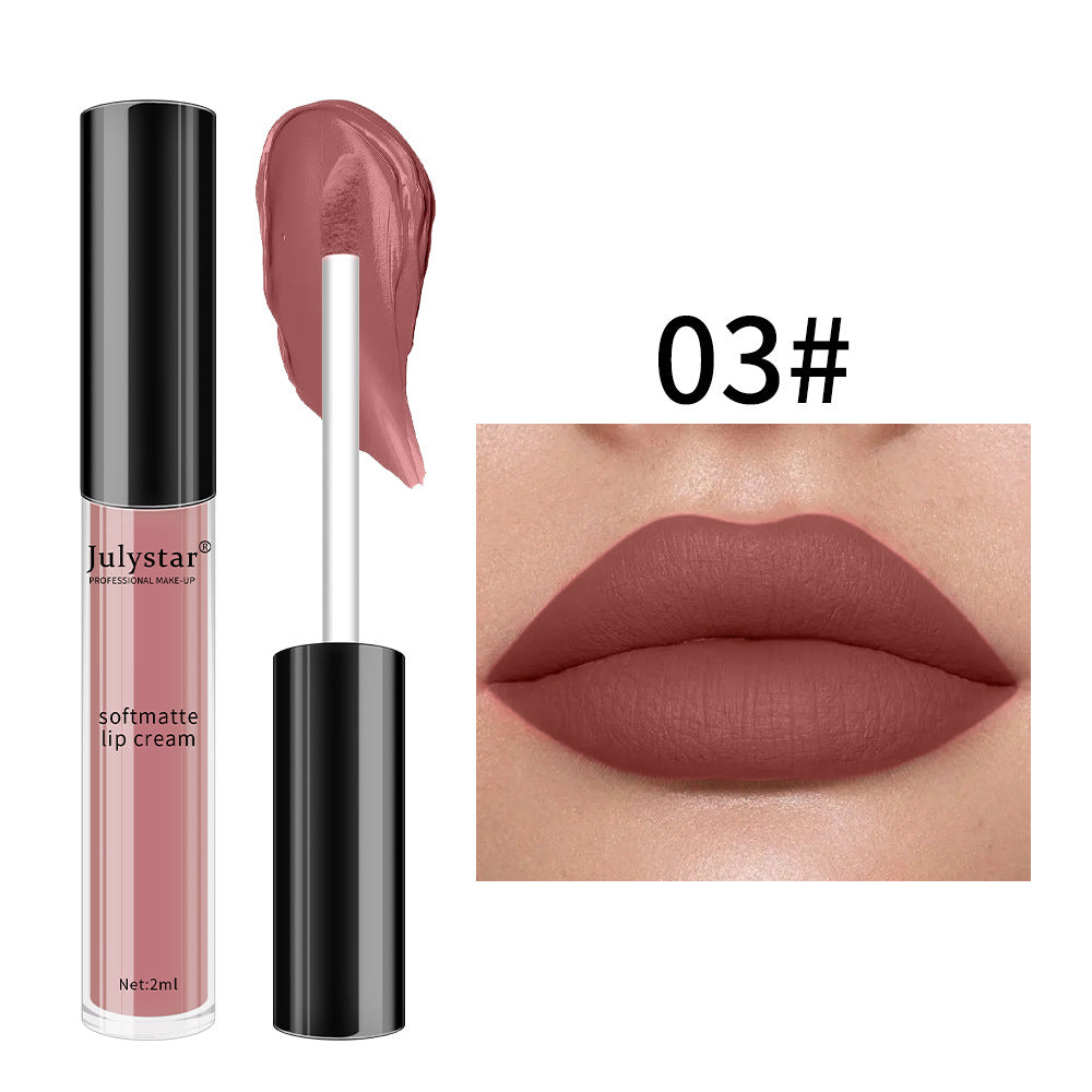 Julystar soft matte lip cream in shade 03#, with tube, applicator swatch, and lips wearing the mauve-pink shade.