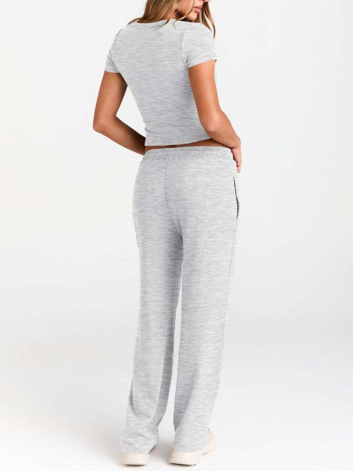 Women's plush fashion hub short sleeve round neck t-shirt and drawstring lounge set, casual 2-piece outfit, front view