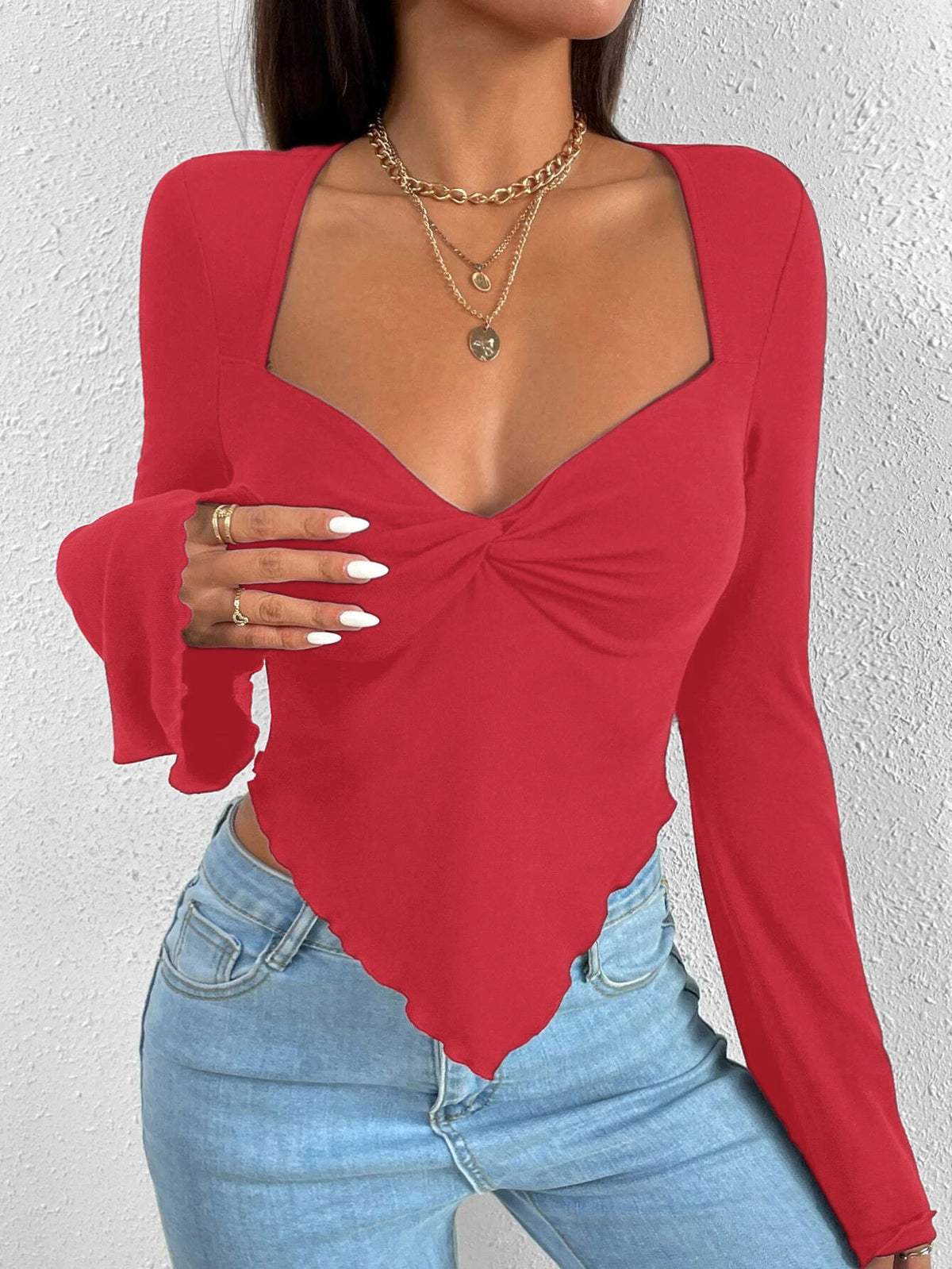 Eprolo ladies' slim fit short-sleeve T-shirt with slanted collar, solid color top, ideal for spring and summer wear.