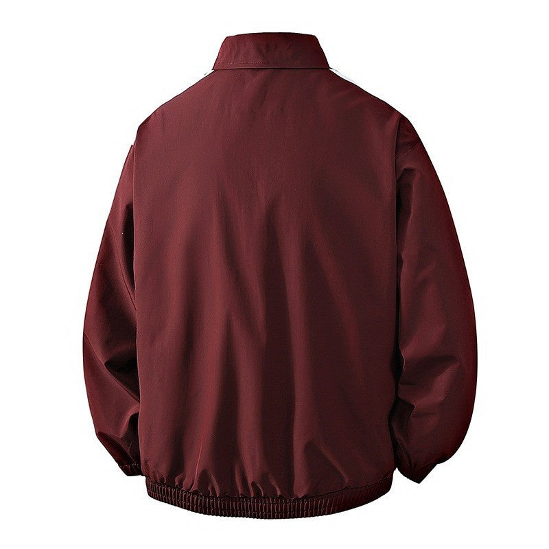 Maroon casual nylon track jacket, back view, with stand collar, elastic hem, and white shoulder stripes.