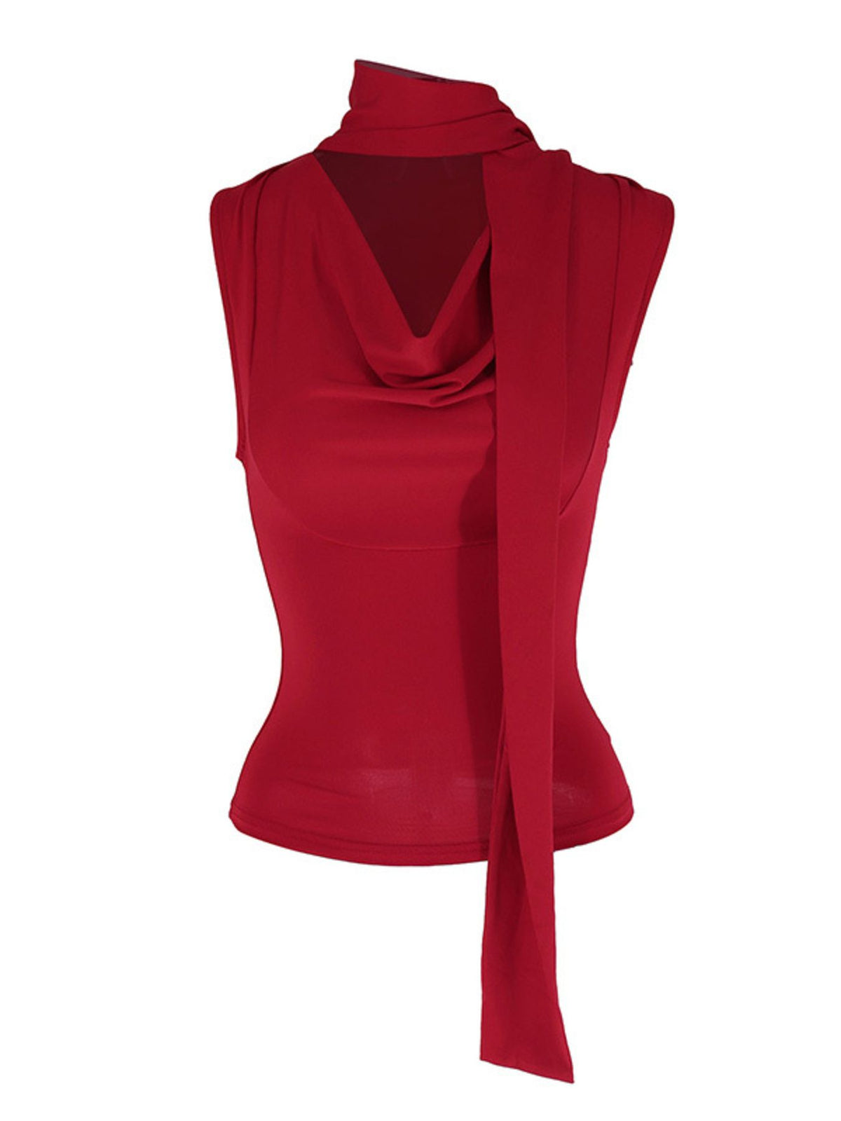 Satin-feel cowl neck sleeveless blouse with ruched details by Plush Fashion Hub, elegant and stylish for modern fashion.
