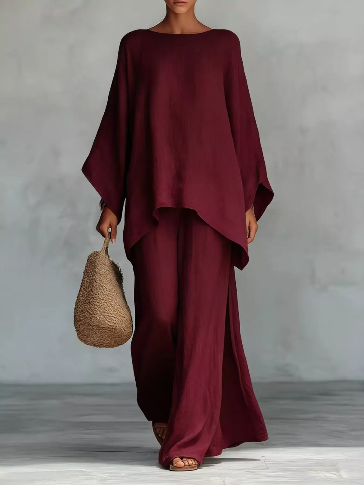 Plus size full size round neck top and wide-leg pants set by Plush Fashion Hub, stylish and comfortable casual outfit.
