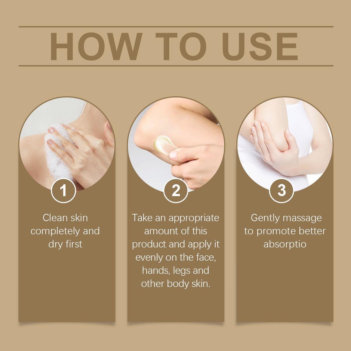 How to use instructions in three steps with illustrations: clean skin, apply product, and massage.