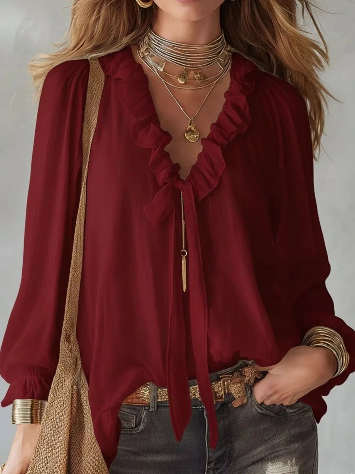 Plush Fashion Hub ruffle long sleeve blouse with feminine details and lightweight fabric, ideal for stylish casual or dressy wear.