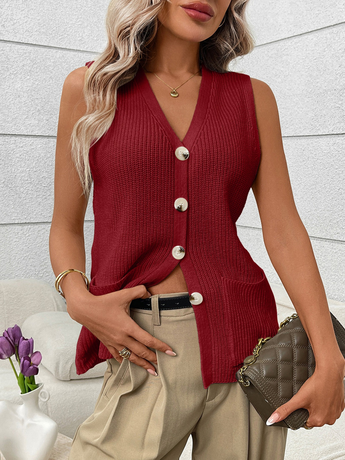 Women's sleeveless knit sweater vest with button-down front and side pockets, from Plush Fashion Hub.