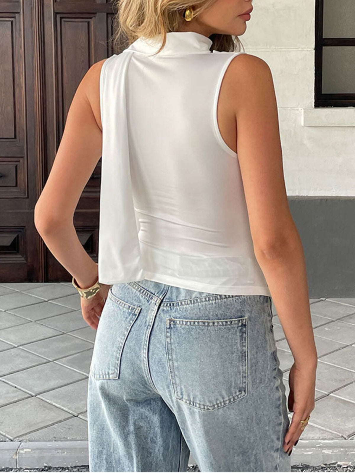 Plush Fashion Hub satin-feel cowl neck sleeveless blouse with ruched details, elegant and stylish for casual or dressy wear.