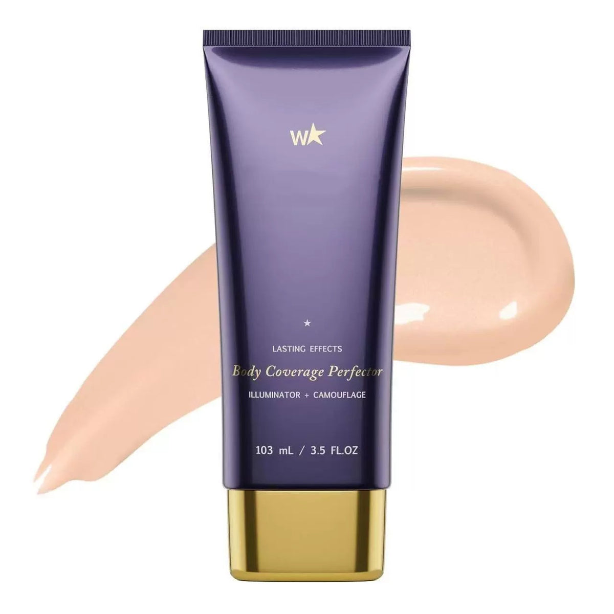 Glossy purple plastic body coverage perfector tube with gold cap and beige cream swatch behind.