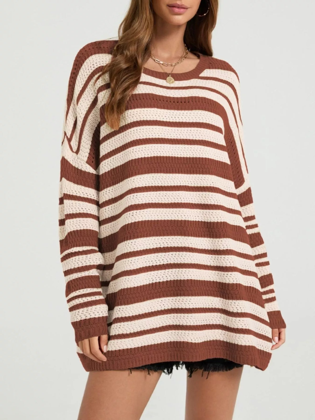 Trendsi women's striped drop shoulder sweater featuring a cozy knit fabric and relaxed fit in a stylish design.