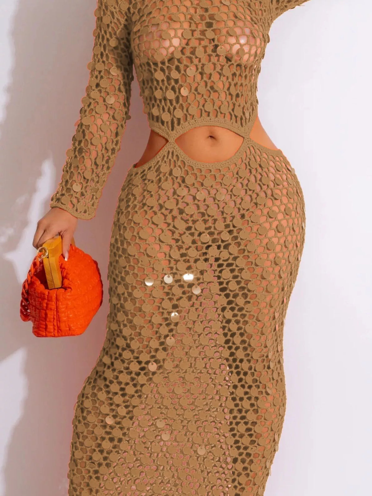 Plush Fashion Hub sequin mesh cutout maxi dress with stylish design, featuring shimmering sequins and a flowing silhouette.