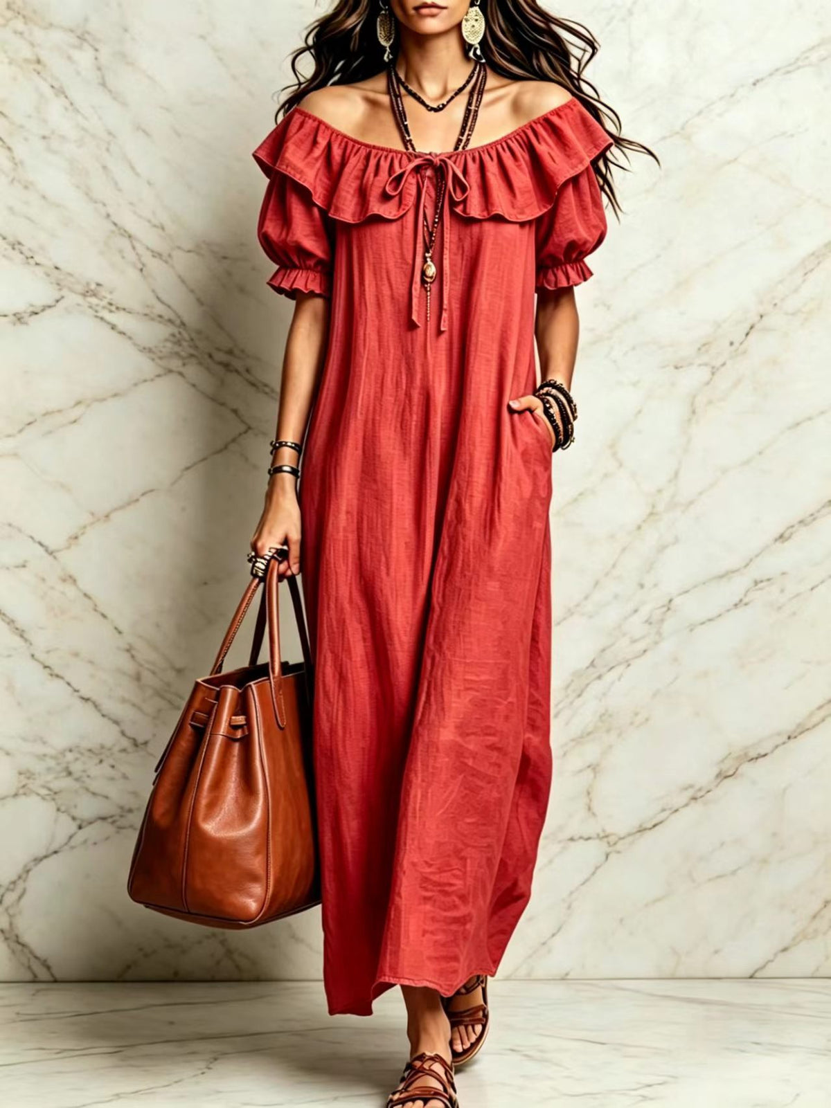 eprolo casual elegant round neck ruffle beach vacation dress for women, showing the lightweight, flowy fabric and ruffle details.