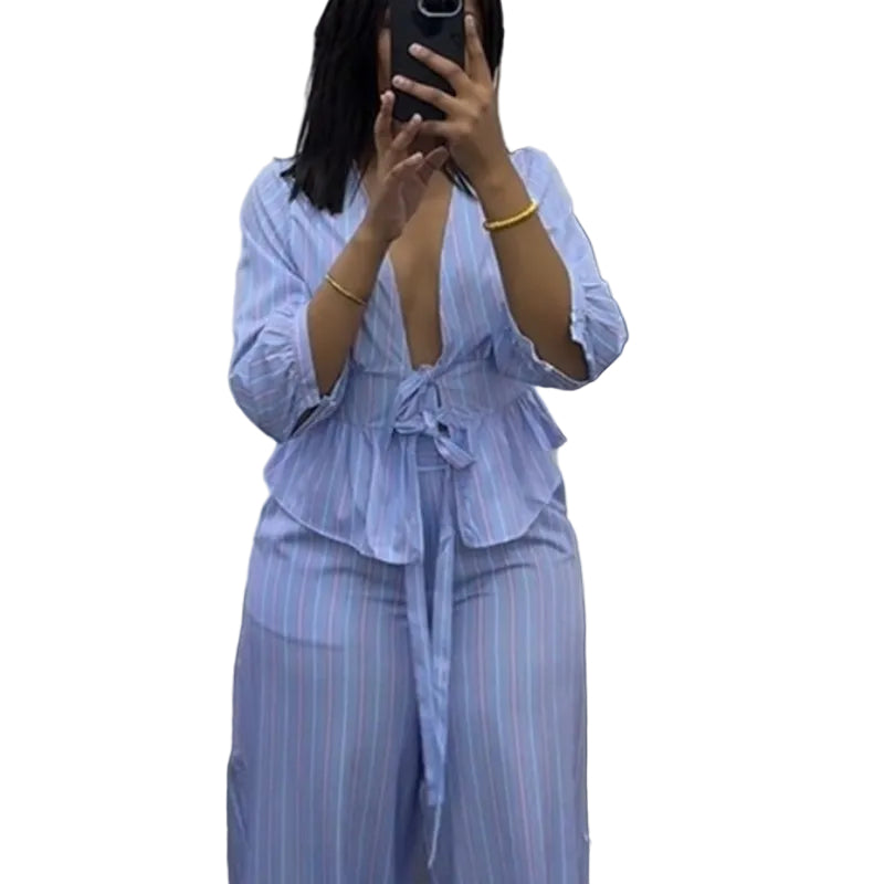 Beach-inspired Coastal Chic V-neck striped lace-up top set from Plush Fashion Hub, featuring lightweight fabric and casual style.
