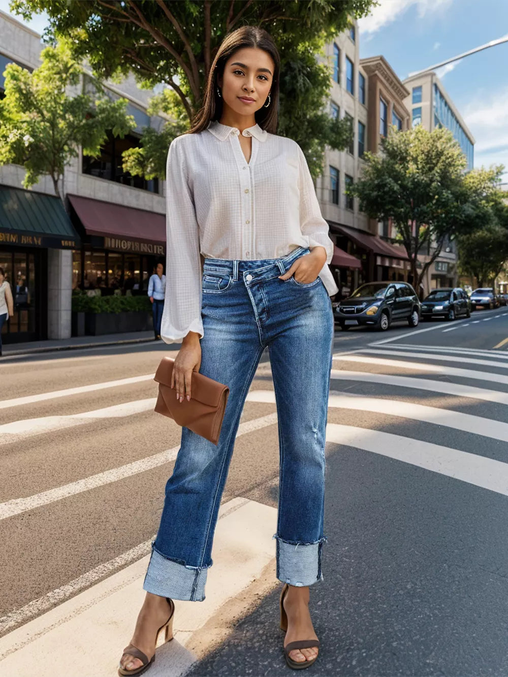 Straight denim jeans with stepped waist and raw hem by Trendsi, showing the fit and detailing of the stylish, casual denim pants.