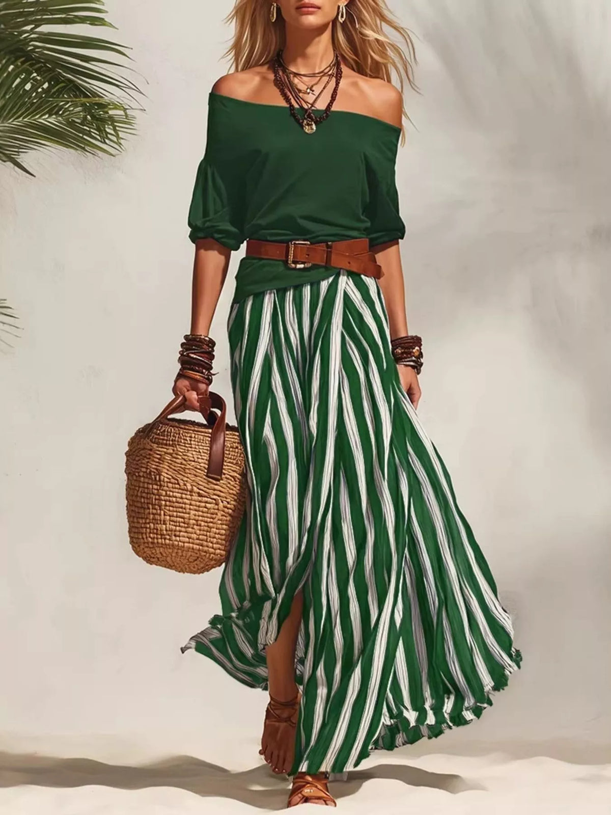 Off-shoulder top and striped maxi skirt set by Plush Fashion Hub, featuring a stylish matching ensemble for casual or dressy wear.