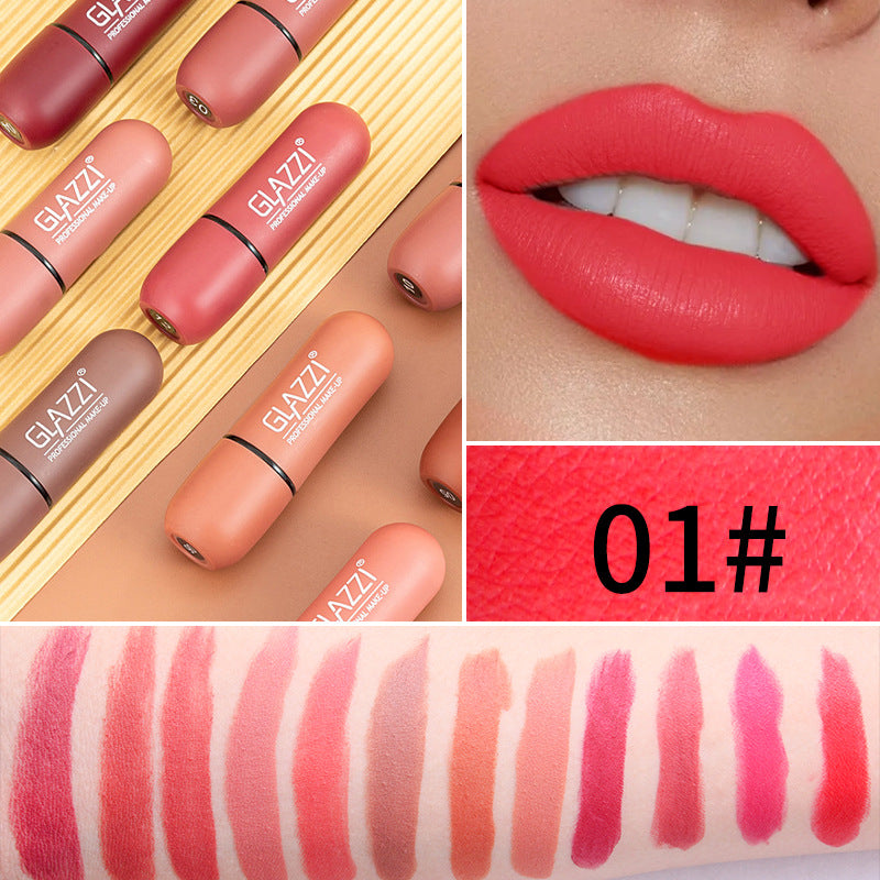 Assorted Glazzi matte lipsticks in various shades, swatched on an arm and applied to lips labeled 01#.