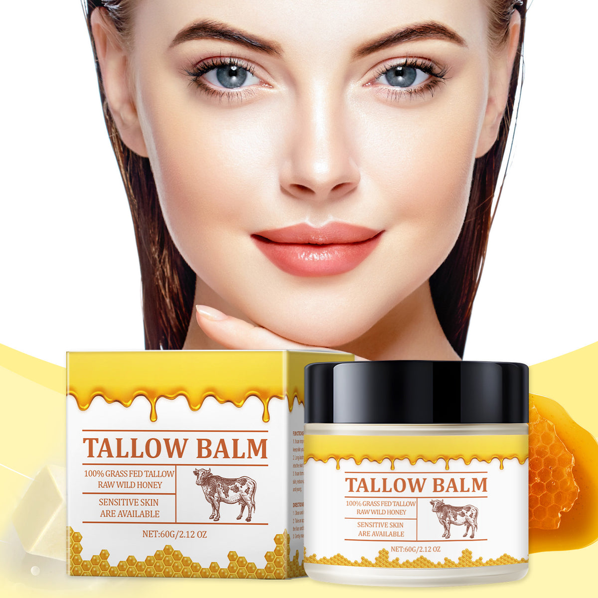 Tallow balm in a white jar and box featuring yellow honey drip patterns, cow illustration, and text.