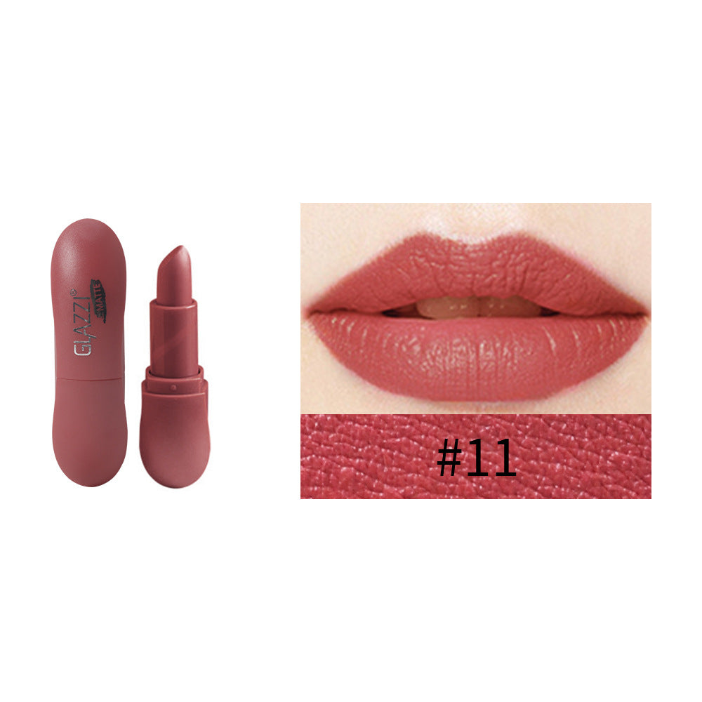 Mauve matte lipstick in a rounded case, shown with lipstick swatch and applied on lips labeled #11.