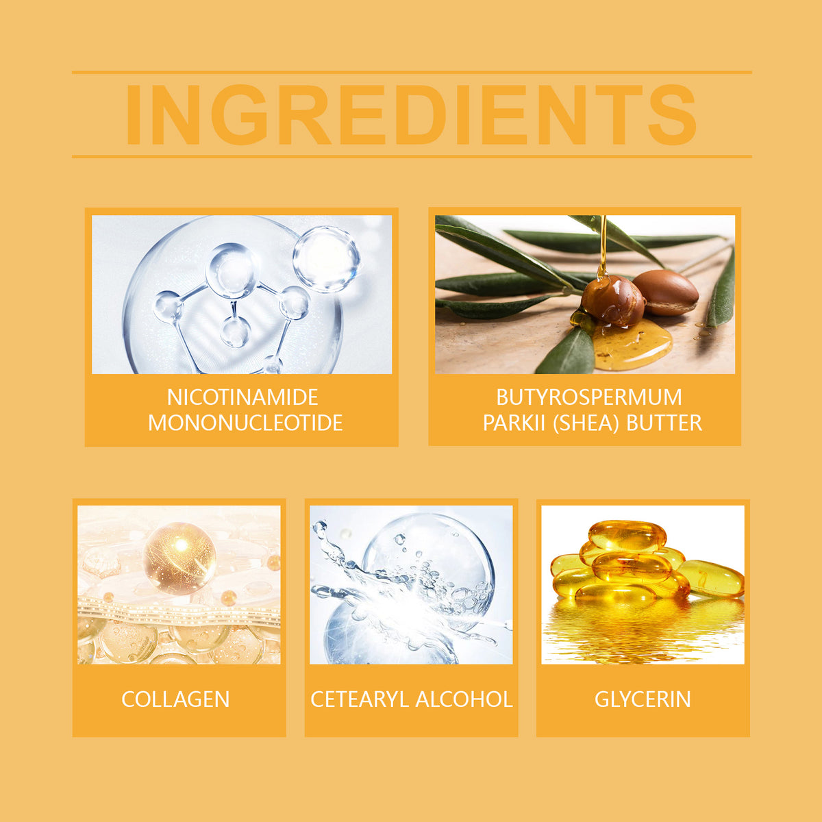 Infographic with a yellow background, titled INGREDIENTS, displaying five circular images and text labels.