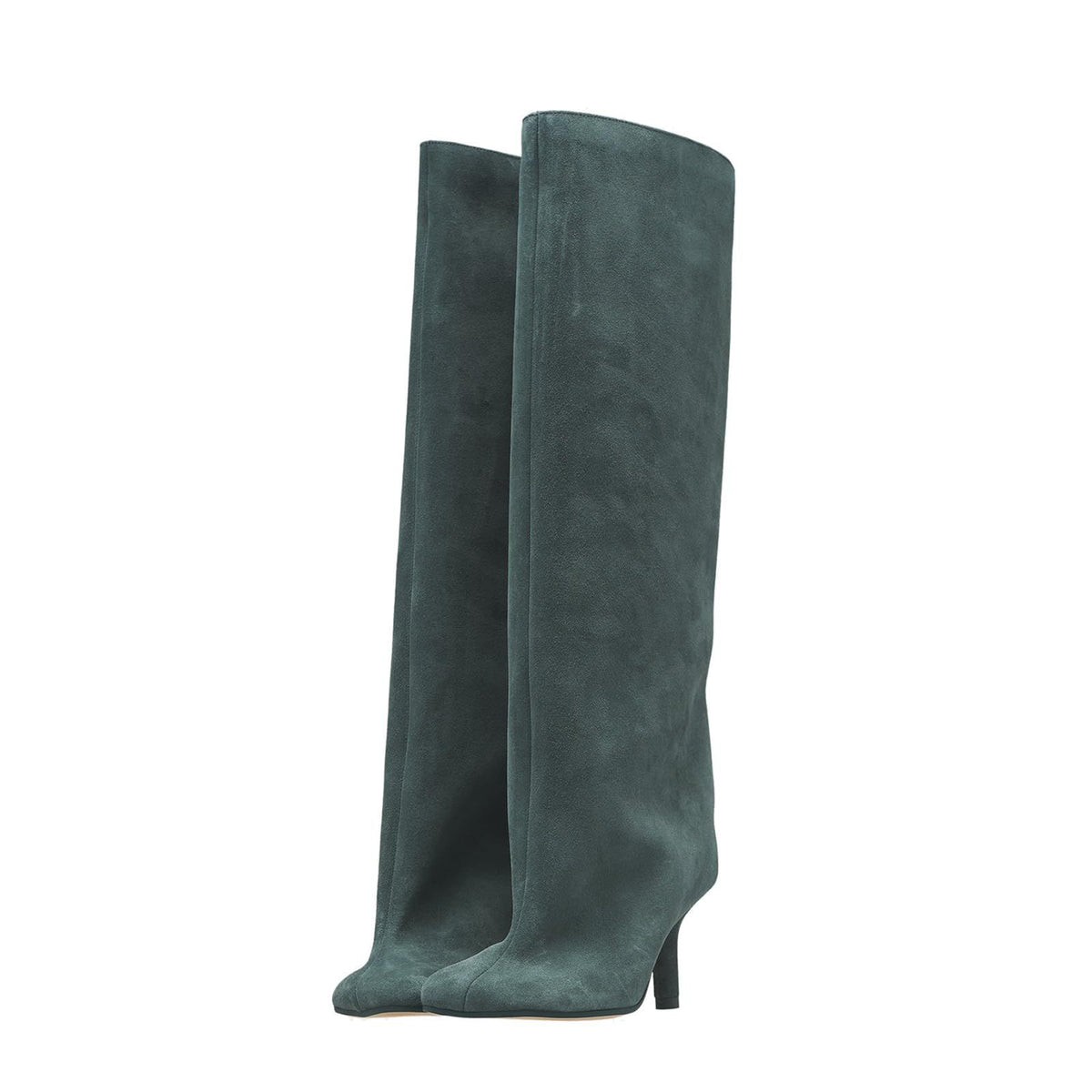 Dark green suede knee-high boots with thin high heels and pointed toes.