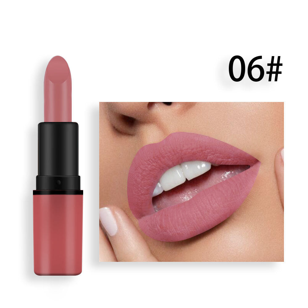 Matte dusty rose lipstick tube next to a close-up of a person wearing the same shade on their lips.