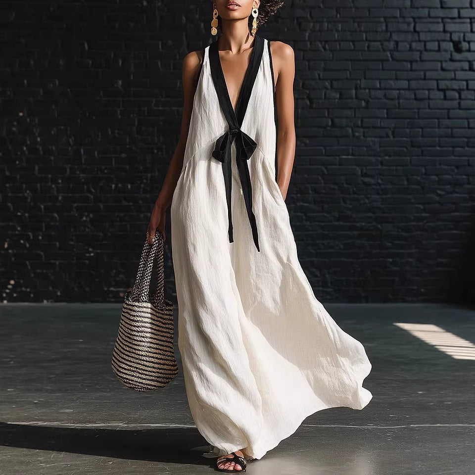 Elegant eprolo long V-neck strapless sleeveless resort dress with a simple, flowing design perfect for summer occasions.