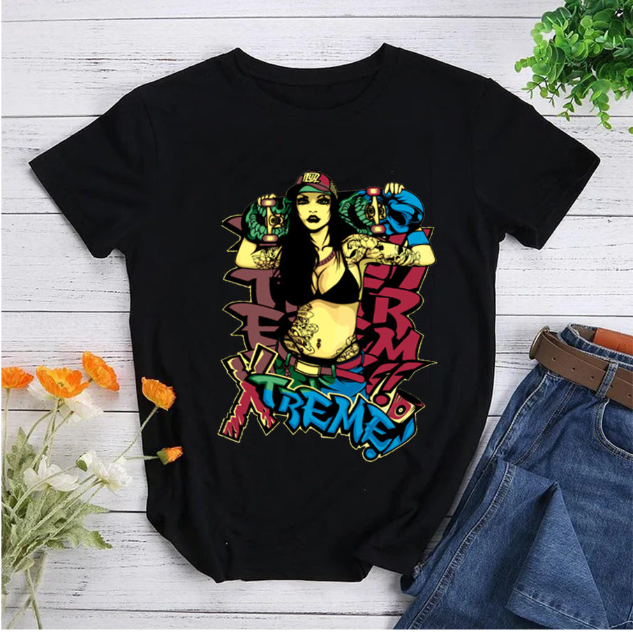 Eprolo women's printed round neck pullover T-shirt, casual top with colorful graphic design, laid flat on a white background.