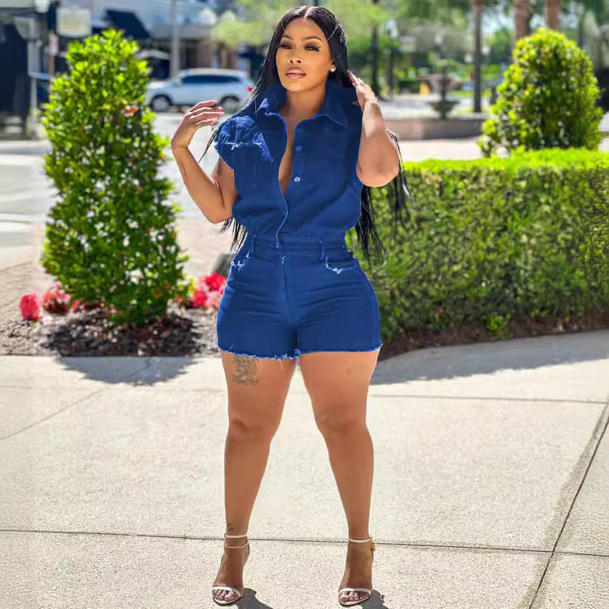 Women's elastic waist denim jumpsuit by eprolo featuring casual summer street style with a stretch fit and trendy design.