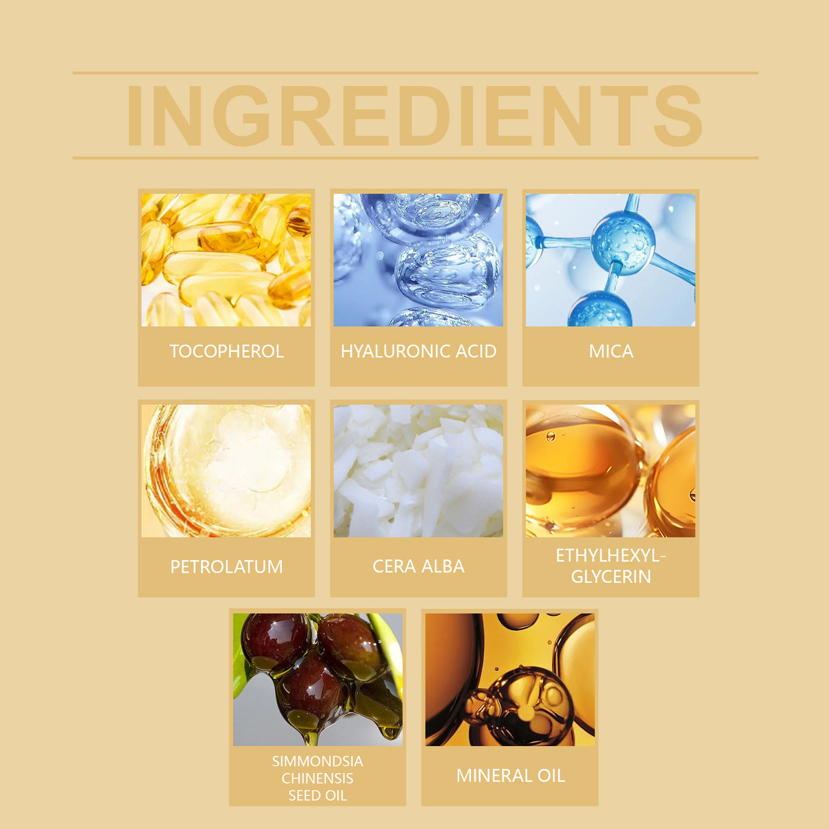 Ingredients list with eight labelled square tiles: tocopherol, hyaluronic acid, mica, petrolatum, cera alba, etc.