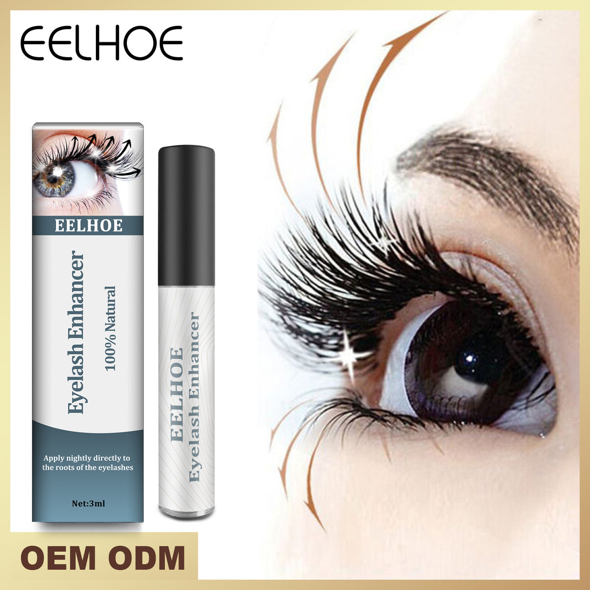 Eelhoe Eyelash Enhancer product tube and box with a black cap, featuring long eyelashes.