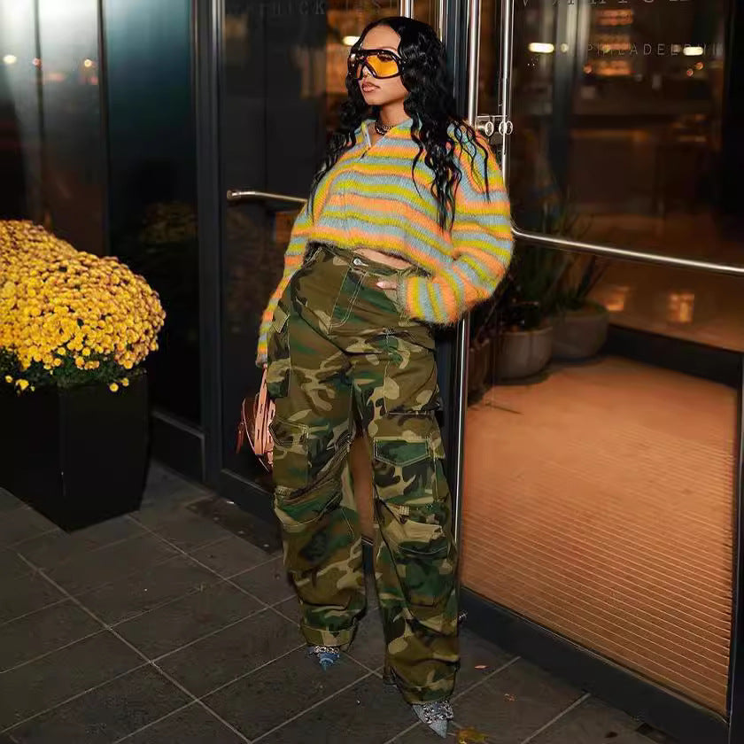 Women's winter camouflage cargo jeans by Plush Fashion Hub, featuring a rugged cargo style with winter-appropriate fabric and camouflage pattern.