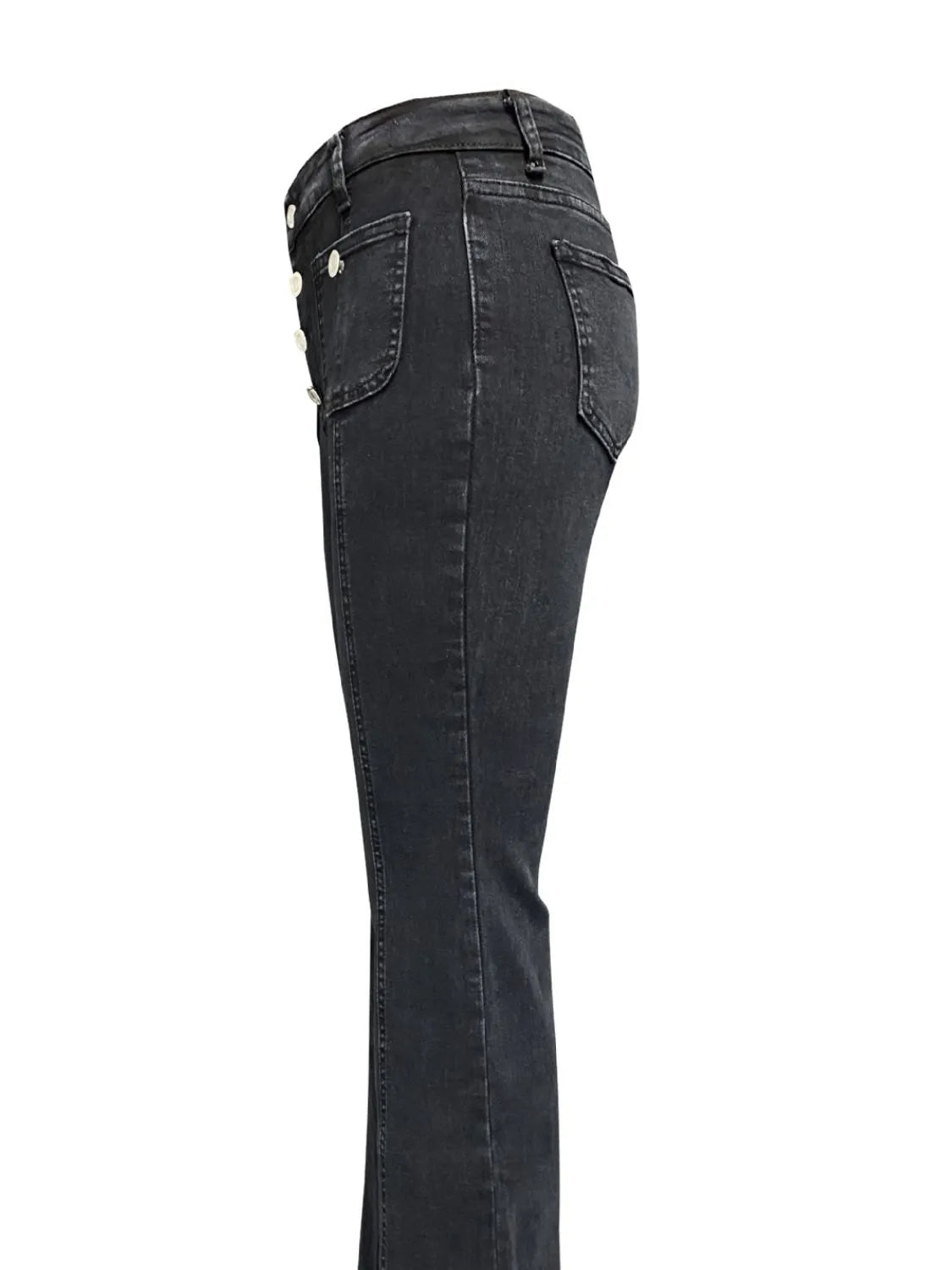 Plush Fashion Hub denim flare jeans with pockets, featuring a stylish fit and classic blue denim fabric.