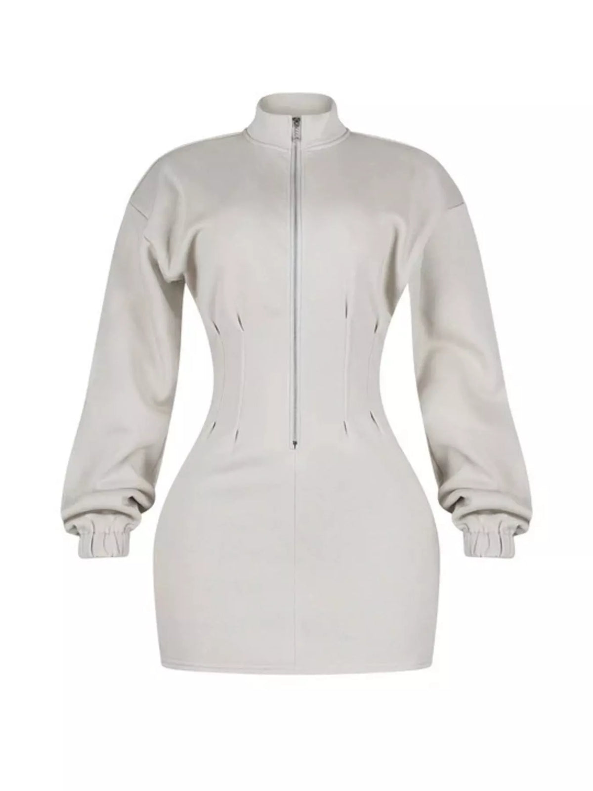 Trendi casual zip-up long sleeve mini dress in soft fabric, featuring a fitted silhouette and stylish design.