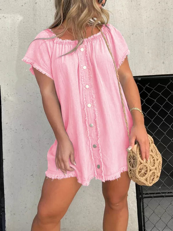 Plus size off-shoulder frayed denim dress by Plush Fashion Hub, featuring button-down front and casual style.